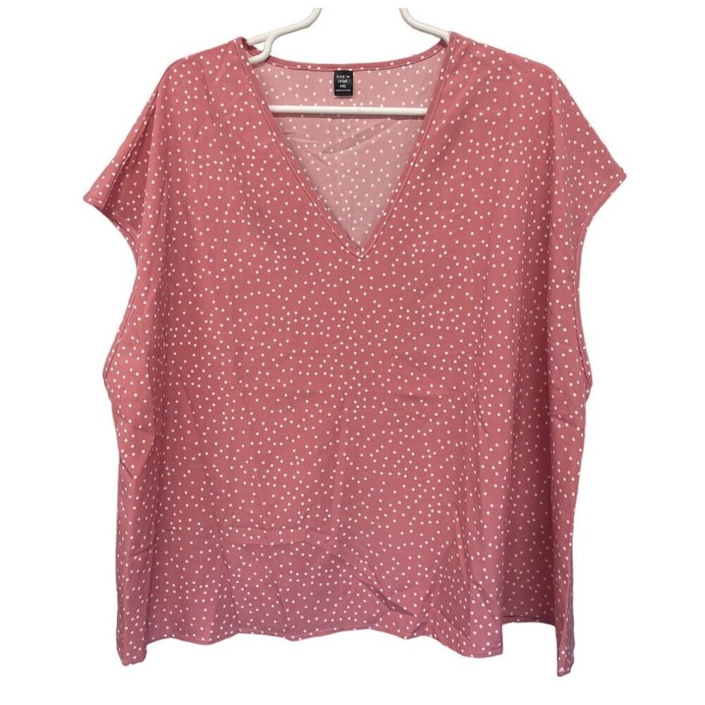 Shein Curve Pink Polka Dot V-Neck Blouse 4XL Lightweight & Flowy Womens Top‎
